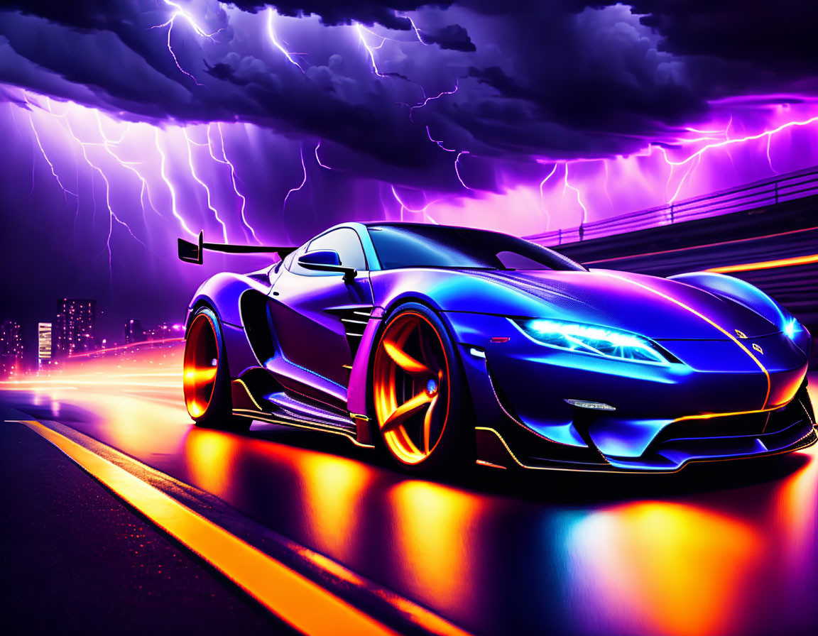 Neon-lit sports car speeding under purple sky with lightning.
