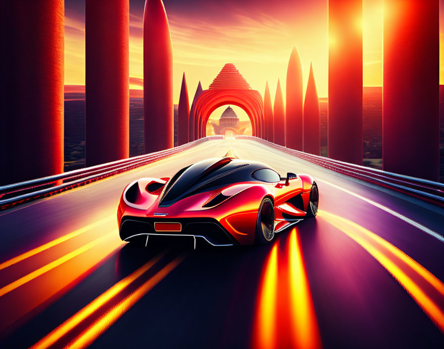 Red futuristic sports car on glossy road with red columns under sunset sky