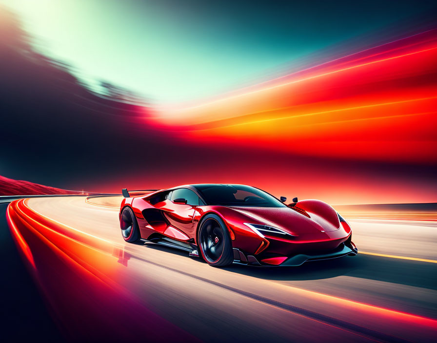 Red sports car speeding on highway with motion blur and dynamic streaks