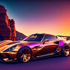 Black sports car with gold accents in desert sunset landscape