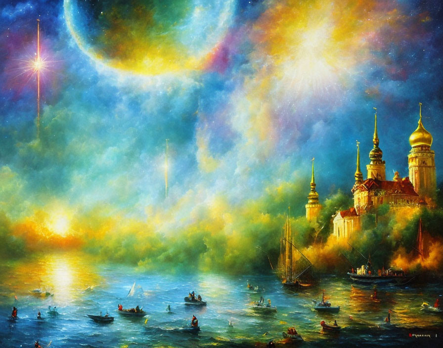 Colorful River Scene with Boats, Celestial Display, and Grand Temple