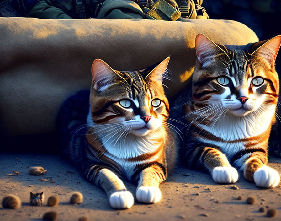 Two Striped Cats with Striking Eyes Resting by Backpack in Sunlight