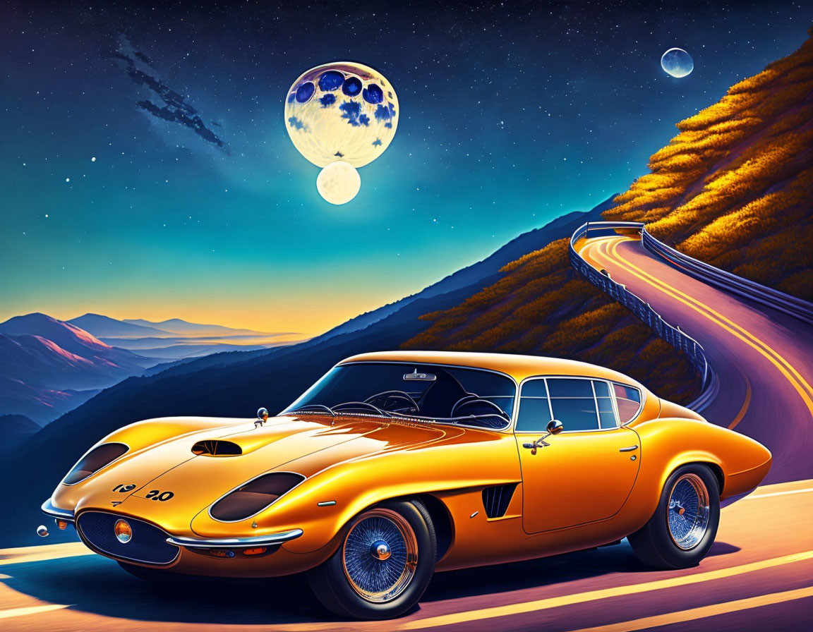 Illustration of orange sports car on mountain road at twilight with moon and planets.