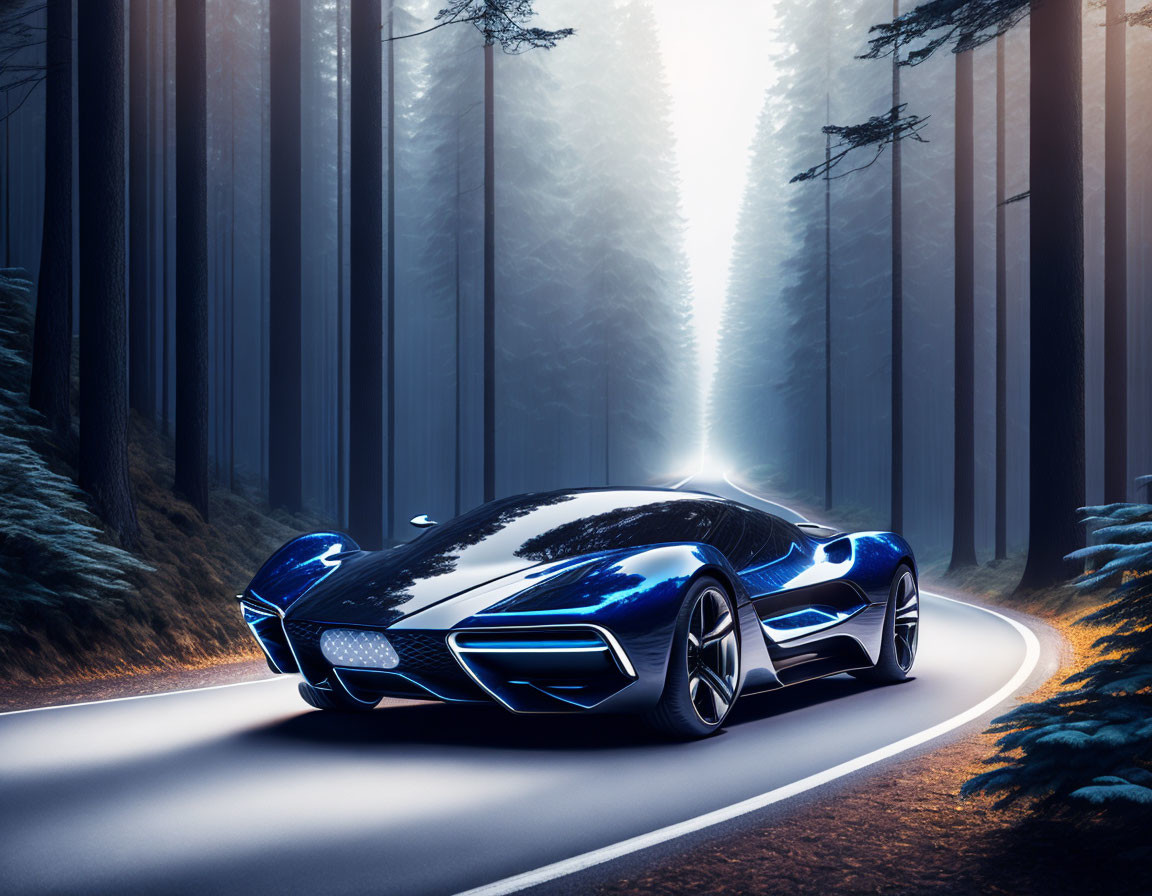 Futuristic blue sports car on forest road with misty sunlight beams