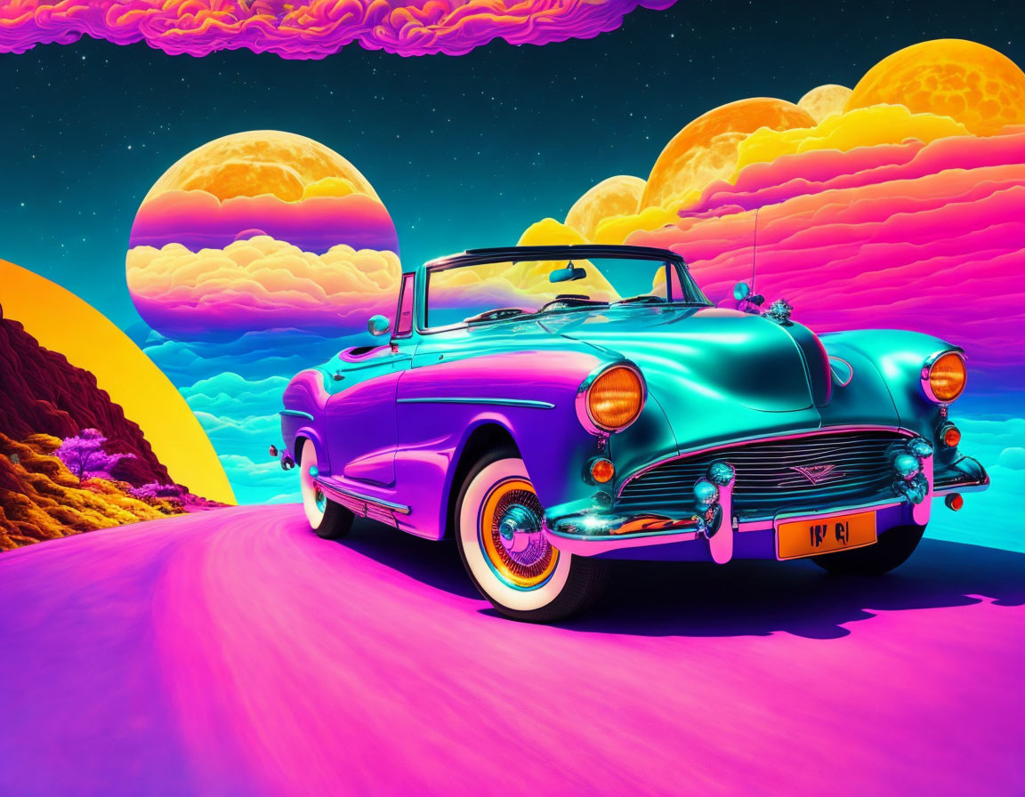 Colorful retro-futuristic landscape: classic car on pink road, purple clouds, two moons