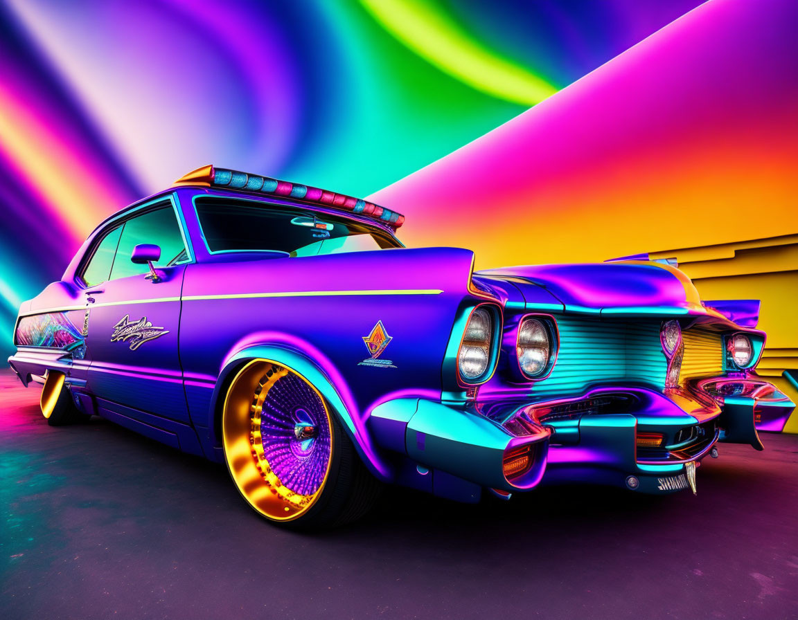 Colorful Classic Car with Purple Finish and Golden Rims on Rainbow Background