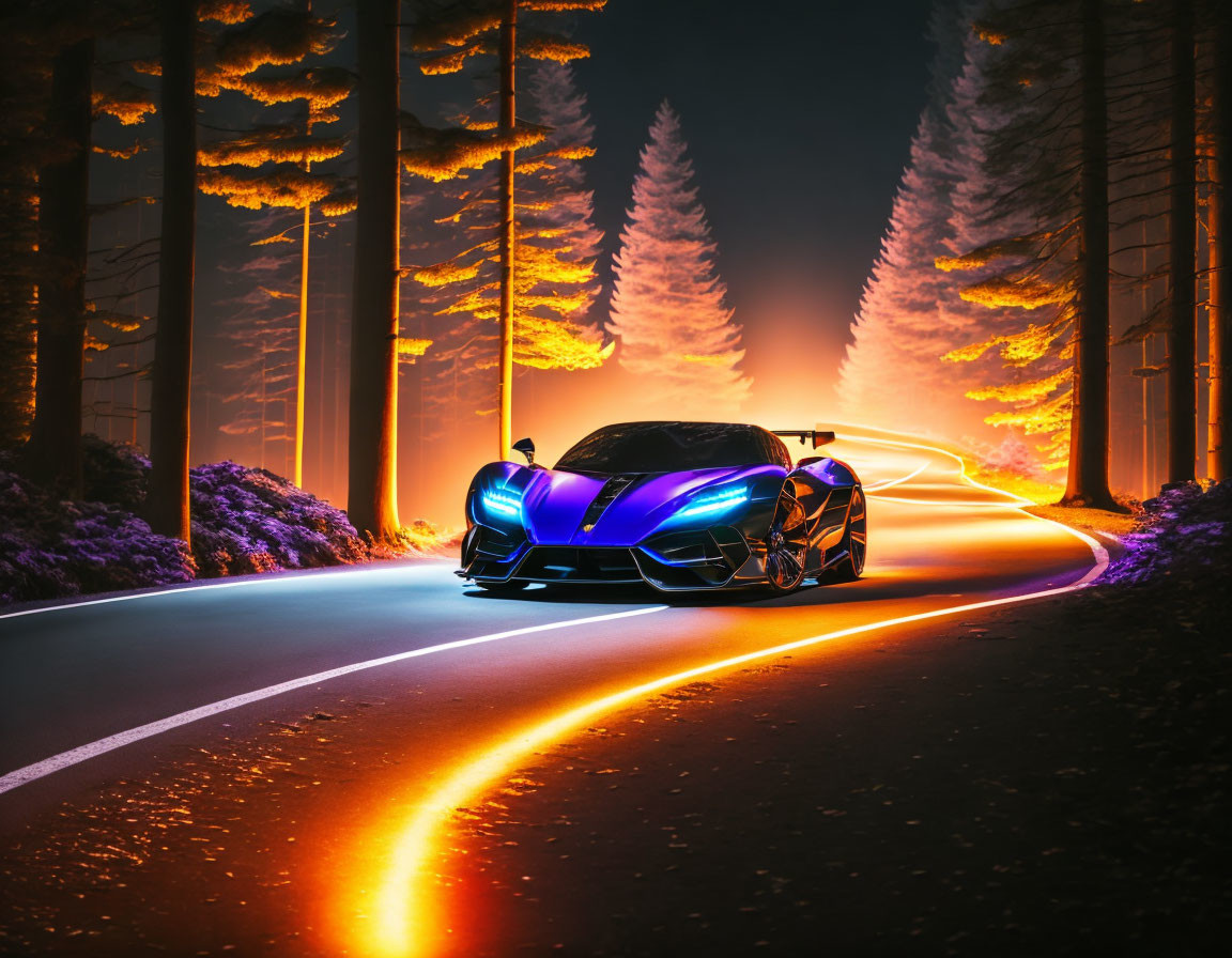 Blue and Purple Lit Sports Car on Forest Road at Night