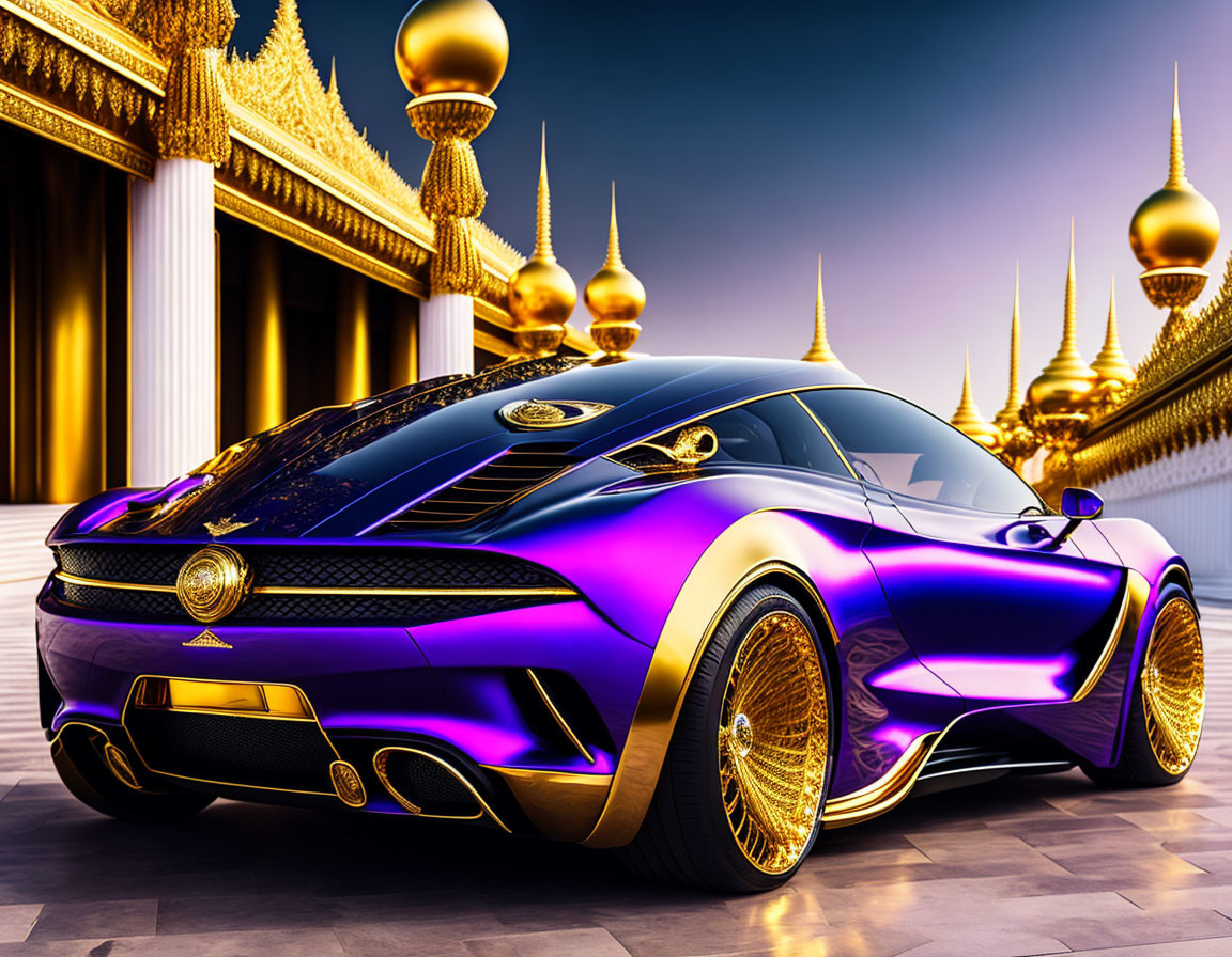 Luxurious Purple and Gold Car Parked in Front of Opulent Building