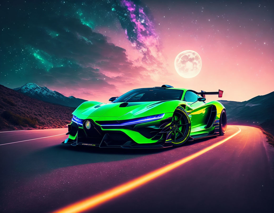 Vibrant green sports car with neon highlights on mountain road at night