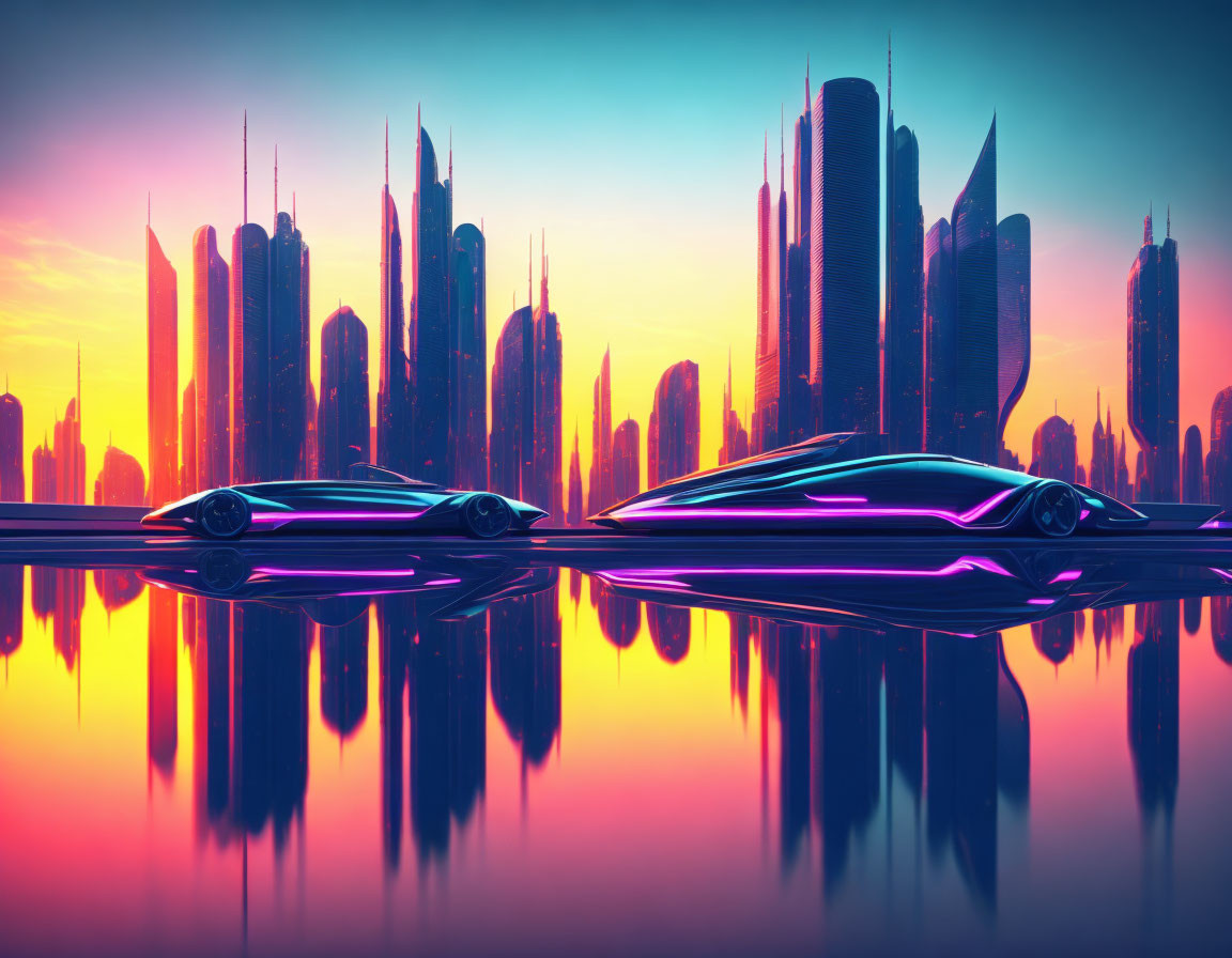 Futuristic city skyline at sunset with neon glow and concept cars.