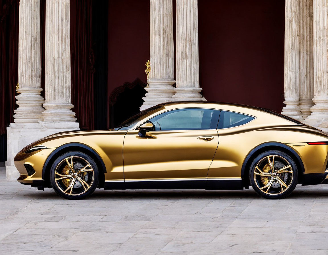 Luxury Gold-Colored Car Parked by Building with Classical Columns