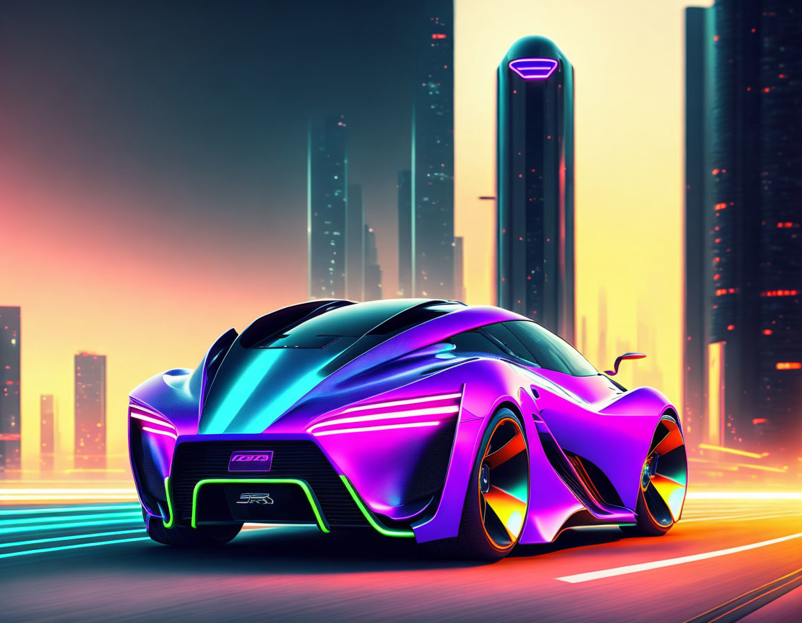 Futuristic sports car with neon highlights in vibrant cityscape