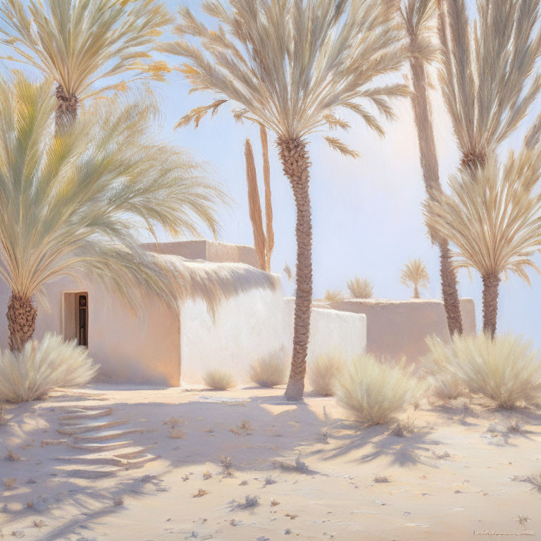 Desert oasis with palm trees, white-washed walls, wooden door under clear sky