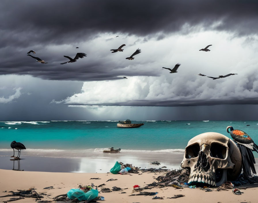 Surreal beach scene with skull, trash, boat, birds, storm clouds