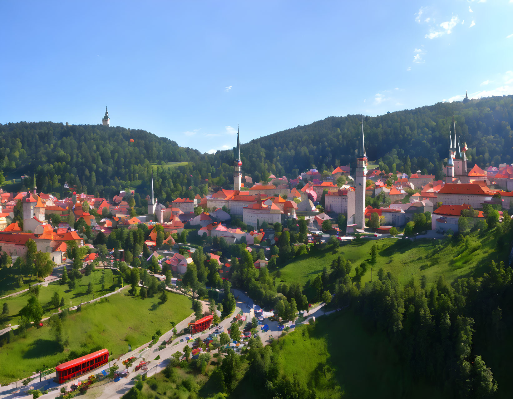 European Town Aerial View: Red-roofed Buildings, Green Hills, Church Spire