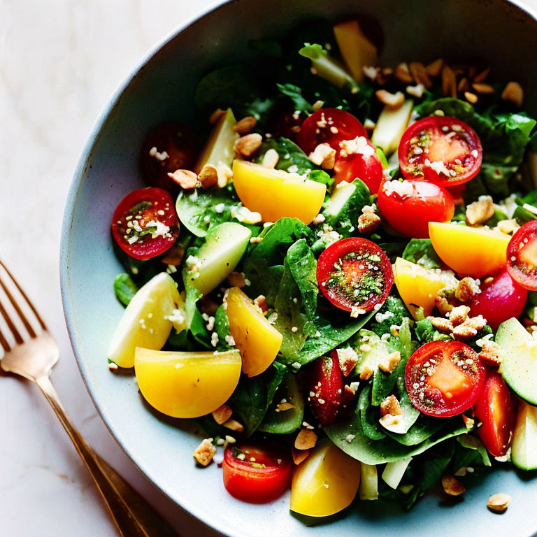 Colorful spinach salad with tomatoes, apples, cucumbers, walnuts, and cheese in blue