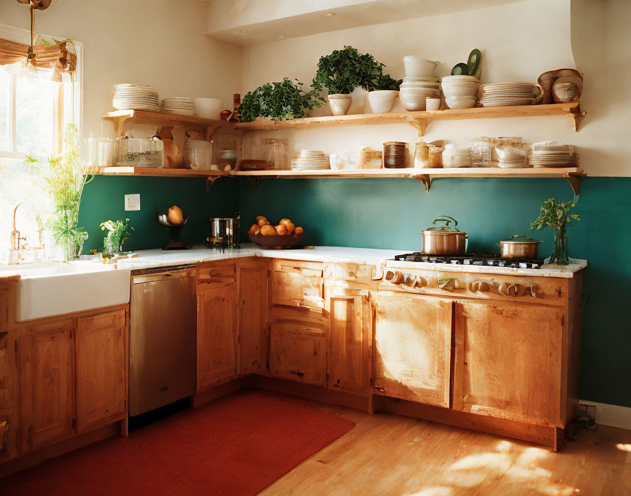 Wooden cabinets, white countertops, green backsplash, and open shelves with dishware