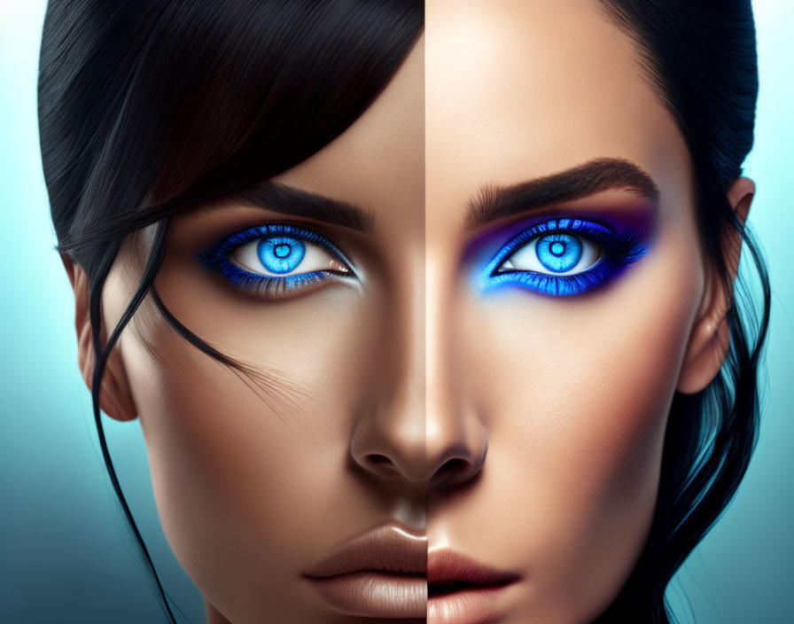 Woman's Face: Half Natural, Half Dramatic Eye Makeup & Blue Eyes