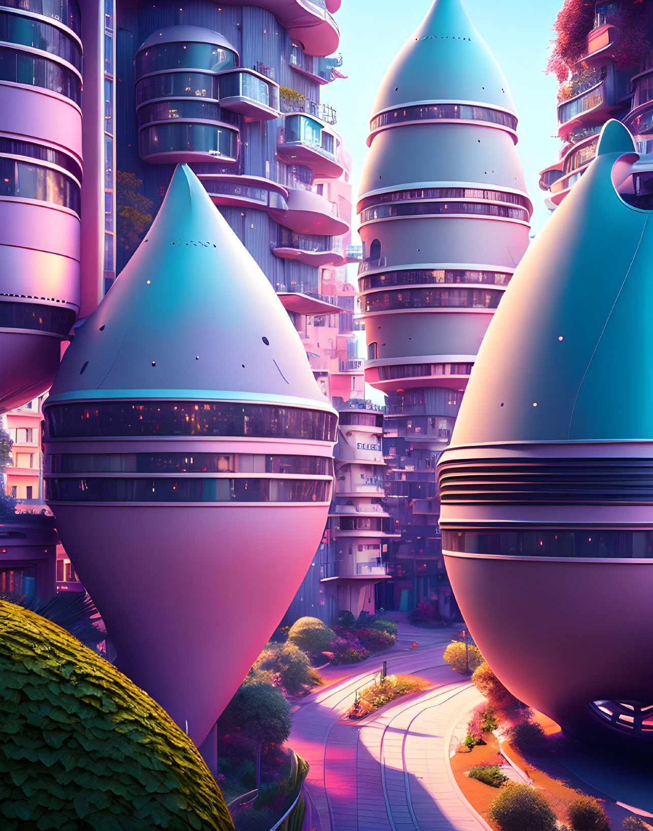 Vibrant futuristic cityscape with rounded skyscrapers and lush greenery