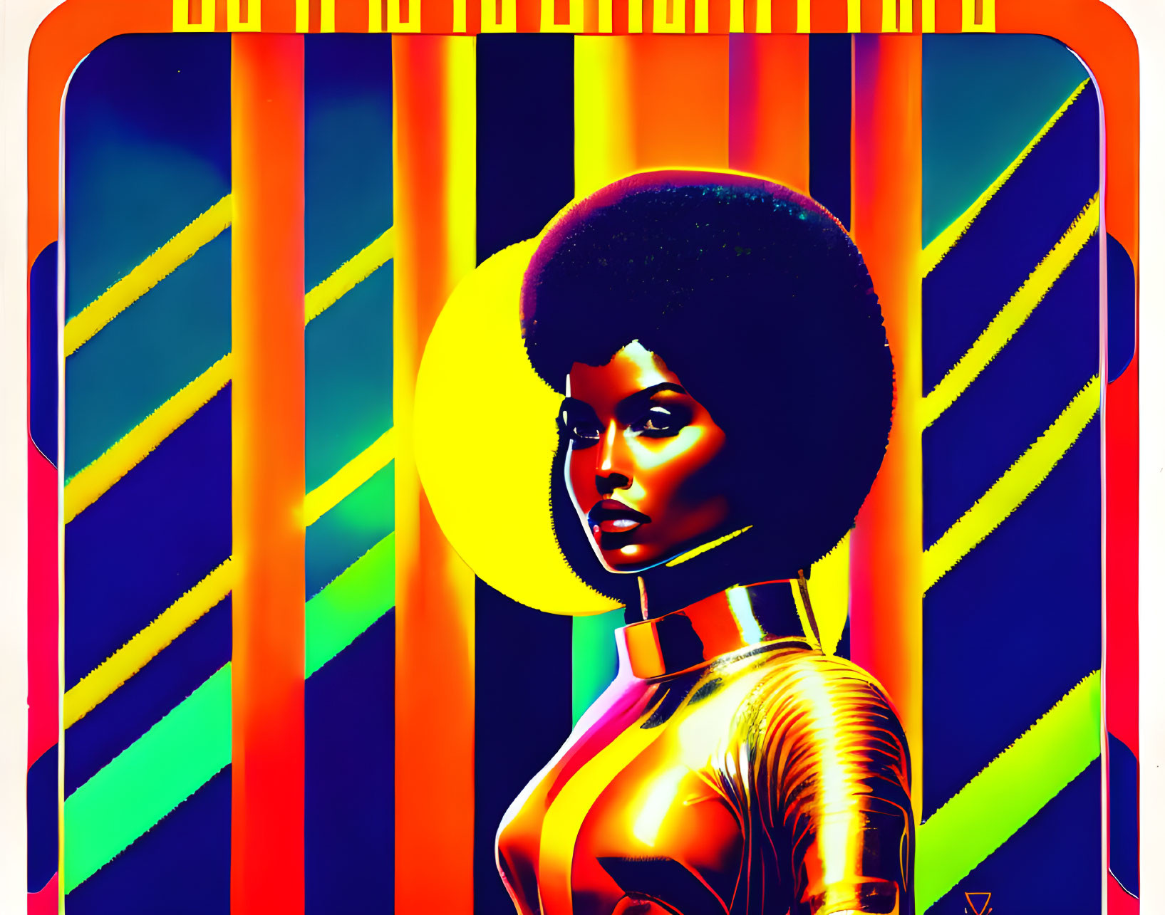 Stylized woman with prominent afro in retro-futuristic style
