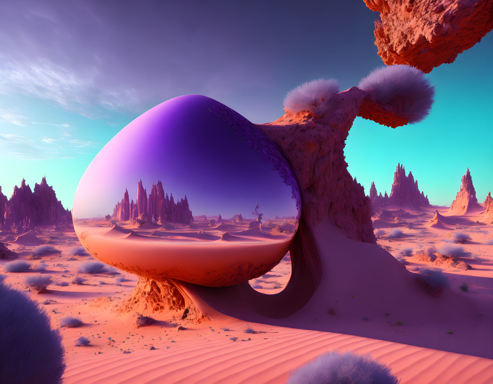 Surreal desert landscape with reflective egg-shaped object and odd rock formations