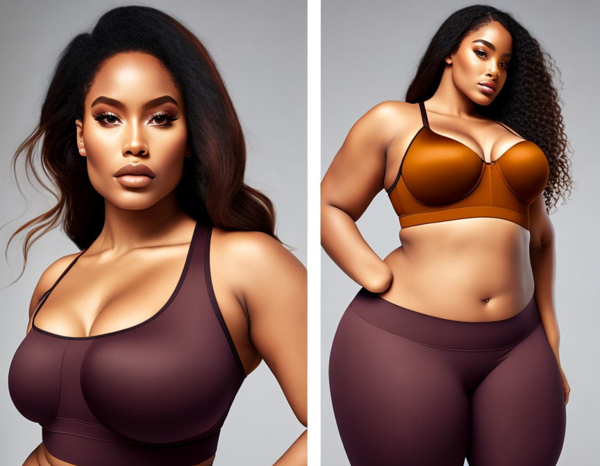 Two Women in Plus-Size Activewear: Brown and Purple Sets