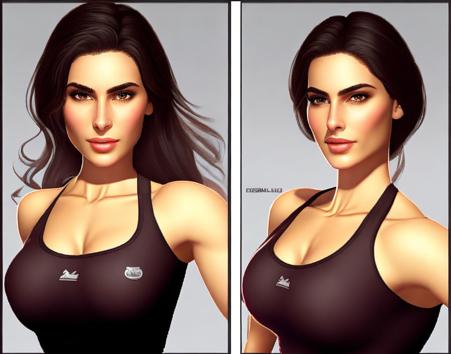 Female character digital artwork: dark hair, brown eyes, black sports top, two poses on beige background