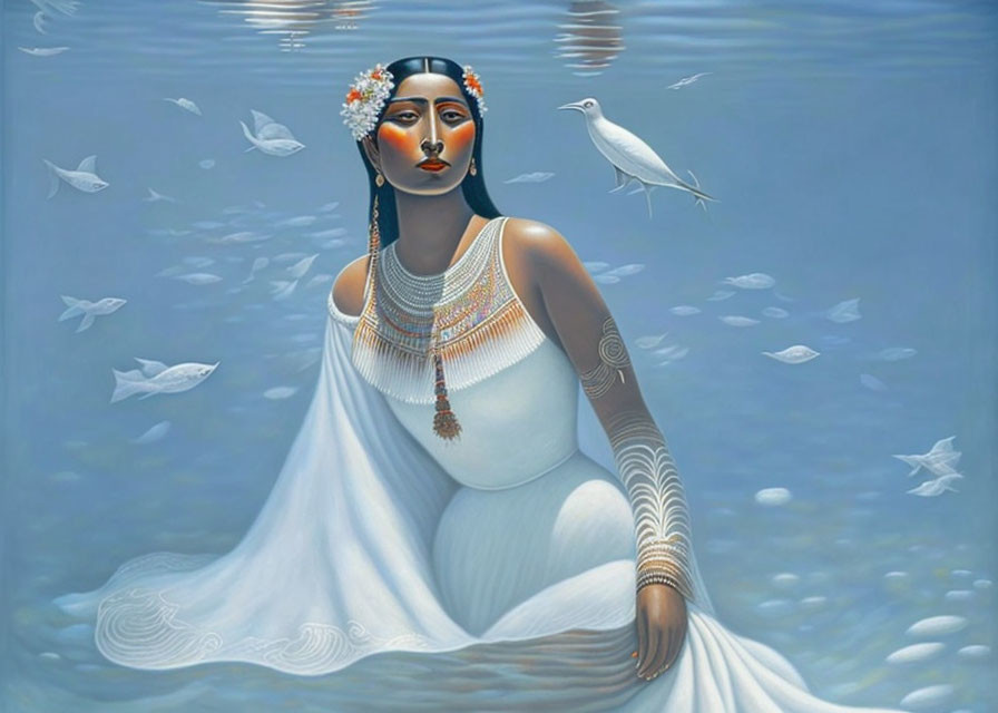  mujer azteca con vestido blanco en el agua exceso
