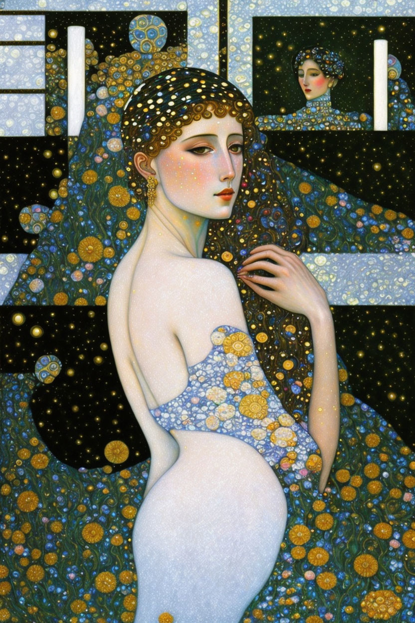Art Nouveau Style Illustration of Pale Woman in Starry Night Cloak
