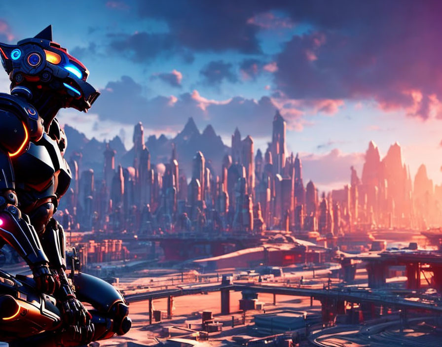 Futuristic cityscape with towering spires and robotic figure at sunset
