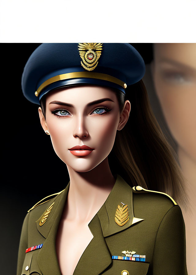 Digital illustration of woman in military uniform with gold emblem and intense blue eyes