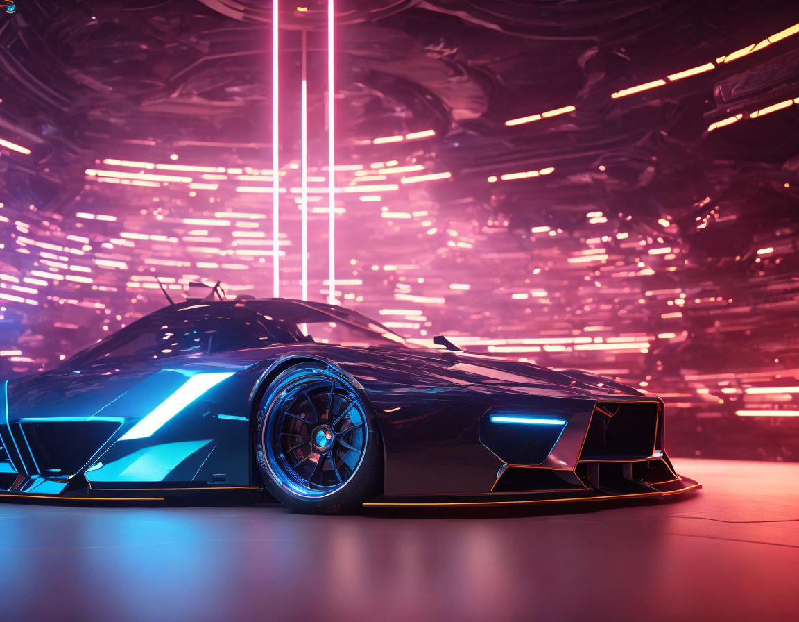 Futuristic car with blue accents in neon-lit sci-fi garage
