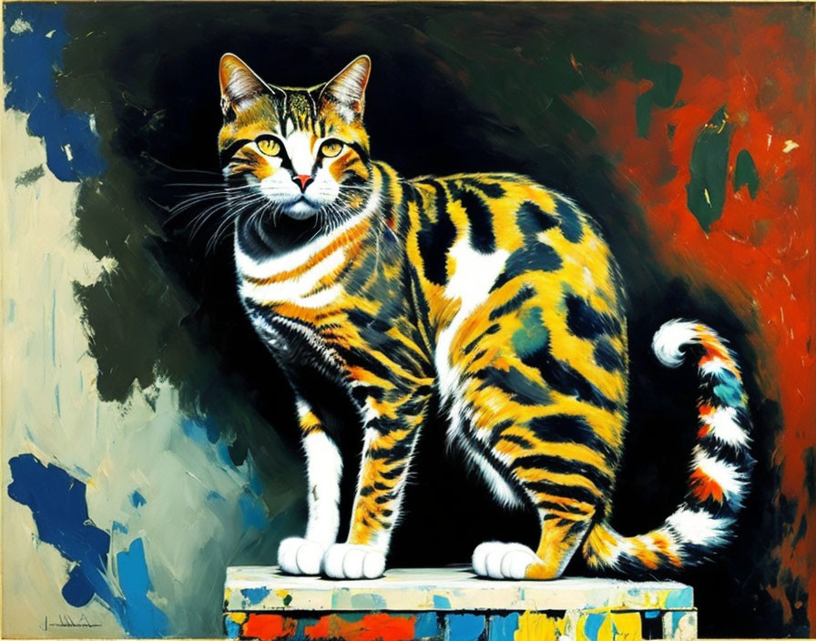 Colorful Cat Painting with Striking Patterns on Patterned Surface