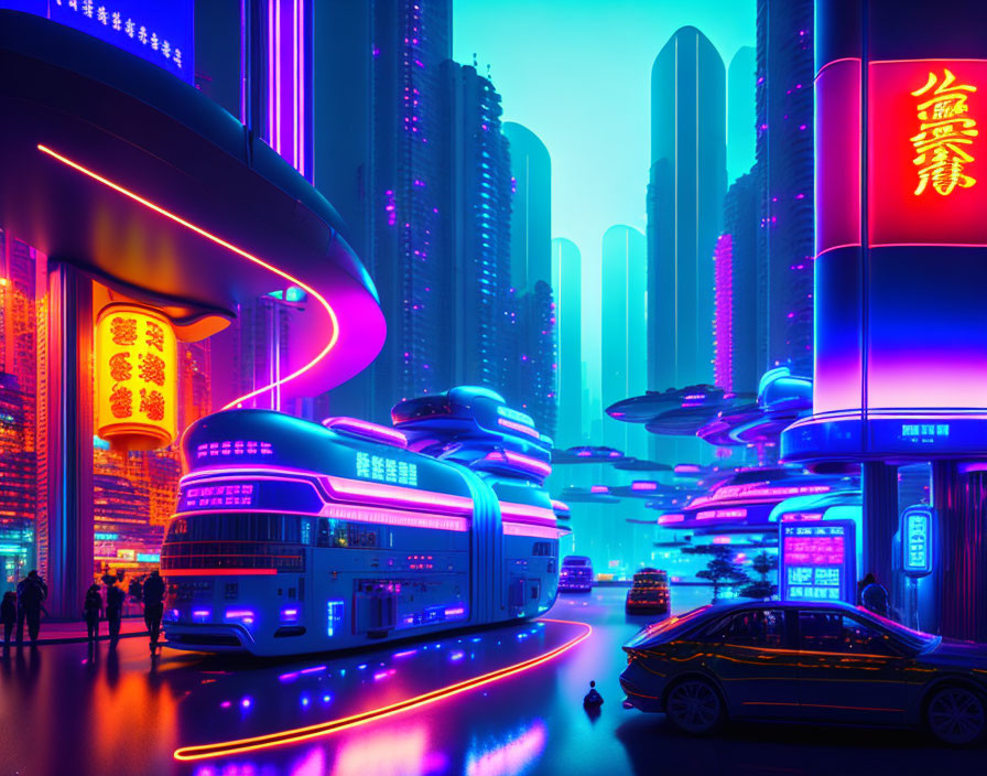 Futuristic cyberpunk cityscape with neon lights and hovering vehicles