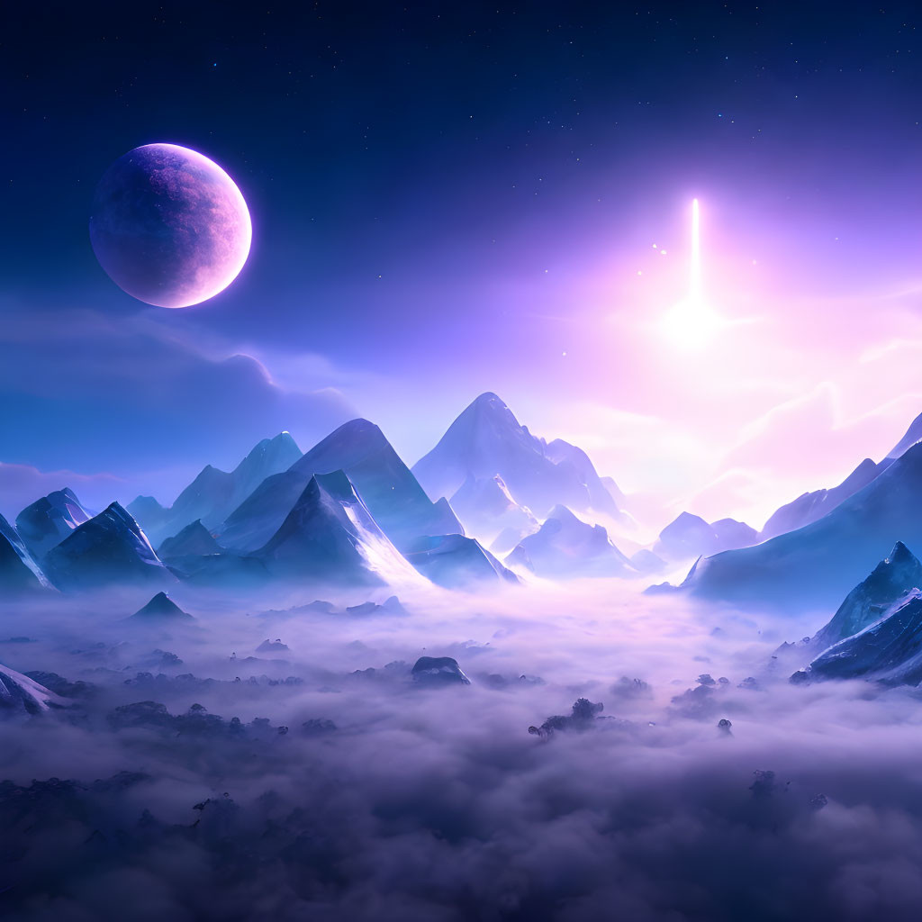 Majestic snow-capped mountains under starry sky with moon and comet