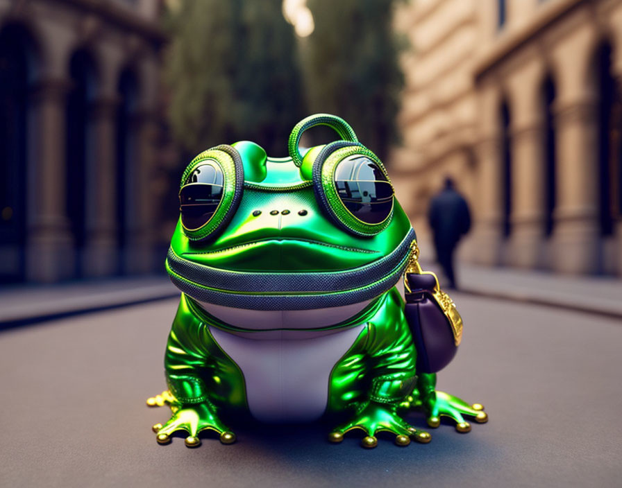 Cool 3D-animated frog with sunglasses and golden chain on urban street