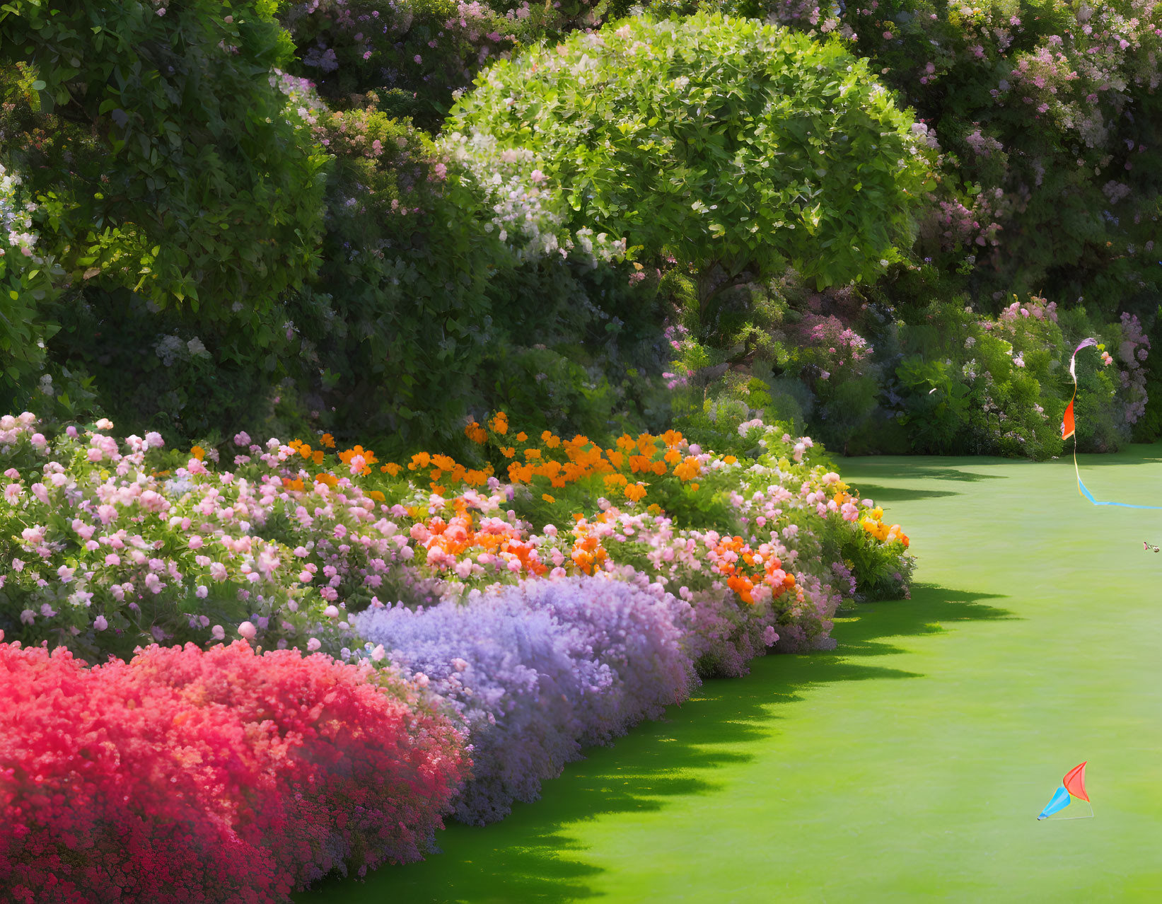 Colorful garden with pink, orange, and purple flowers under sunny skies