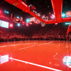 Basketball player on red-lit court with multiple hoops and vibrant crowd.