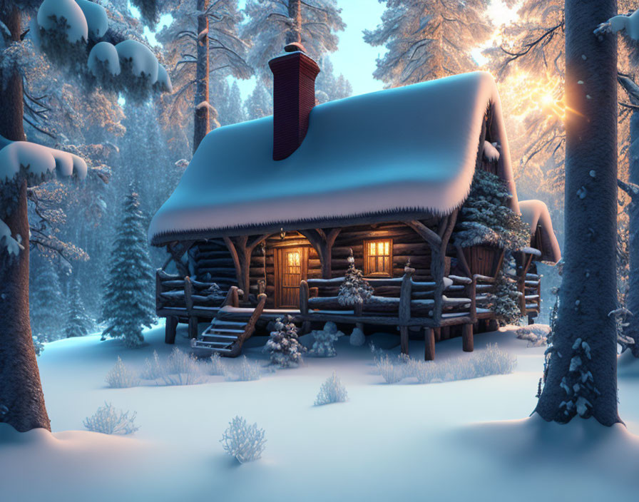 Snowy cabin in the forrest