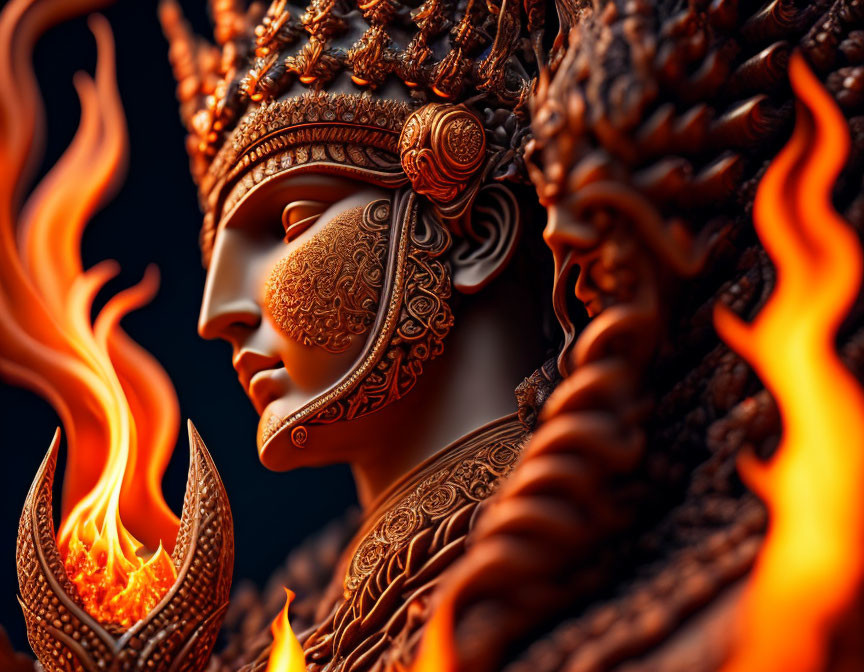 Detailed sculpture of deity with ornate headgear and jewelry, surrounded by fiery flames