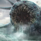 CGI shark with sharp teeth emerges from stormy ocean