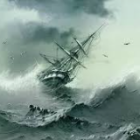 Tall ship in stormy seas with lightning and large waves