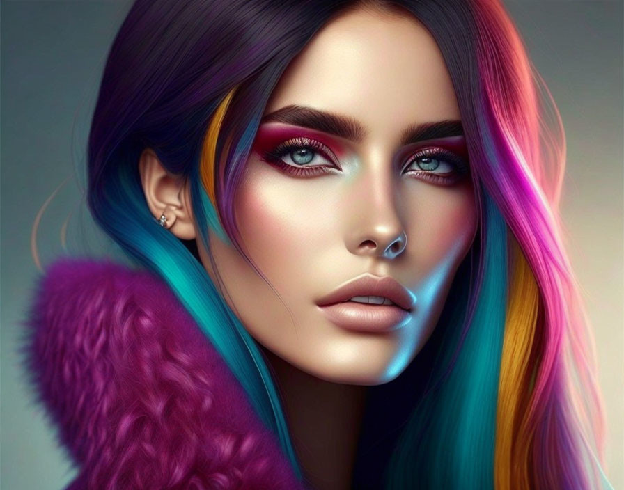 Vibrant digital portrait of woman with blue eyes and rainbow hair