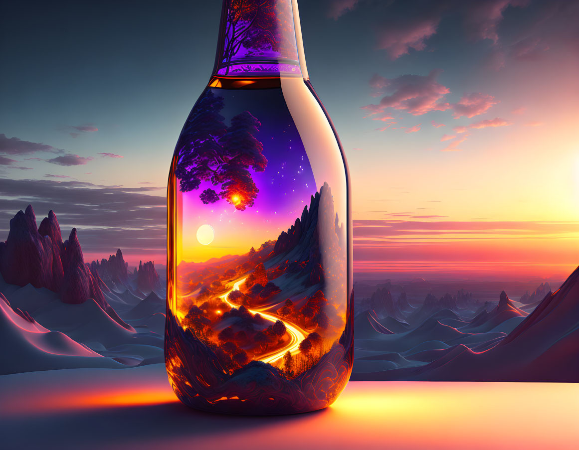 Vibrant surreal landscape in a bottle with lava river & sunset sky