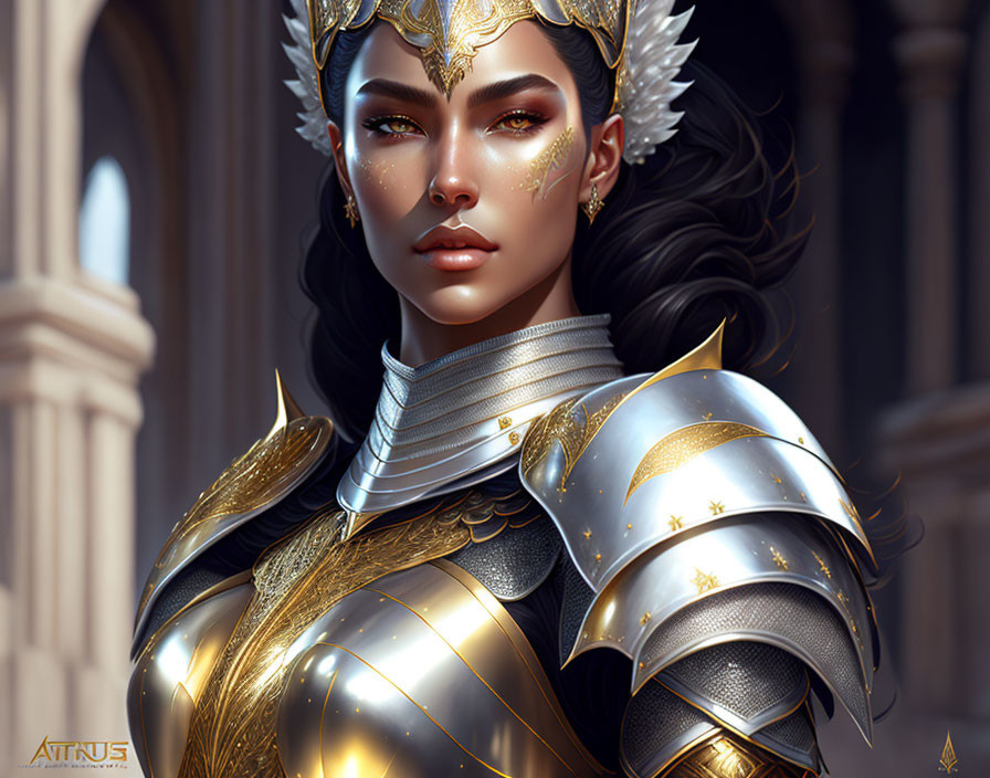 A portrait of a beautiful female knight in silver 
