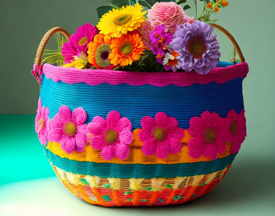 Colorful Woven Basket with Pink Floral Patterns and Blooming Flowers