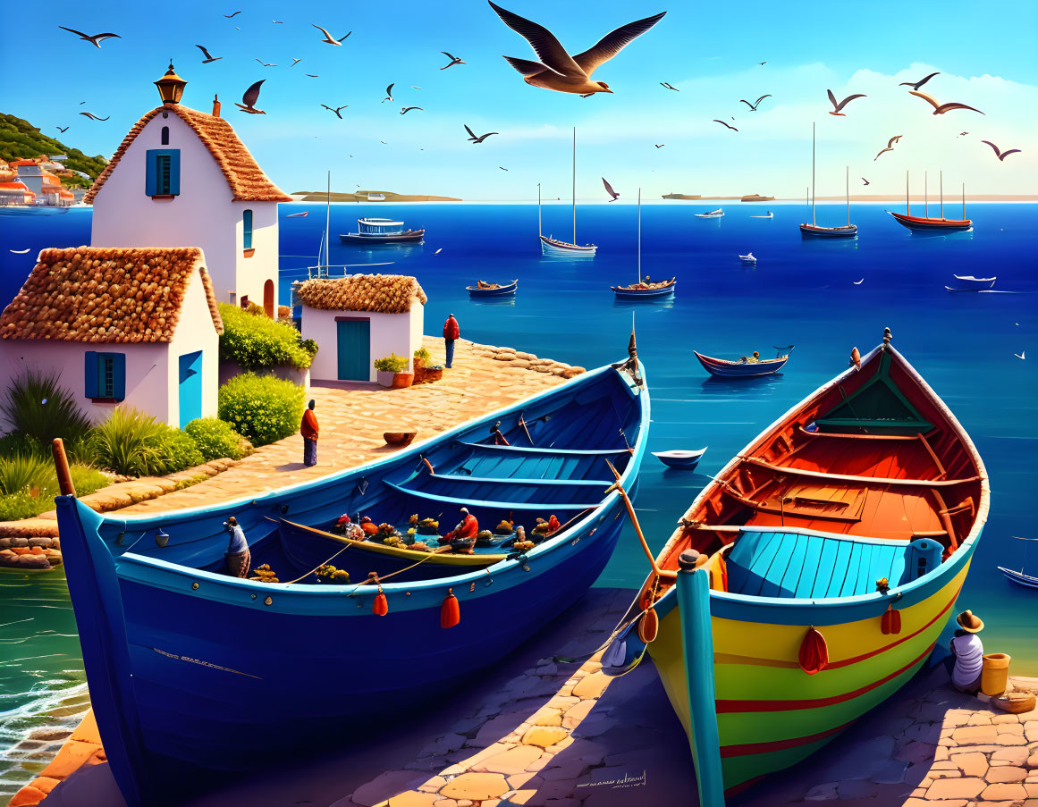 Vibrant boats in calm blue bay with white houses and seagulls