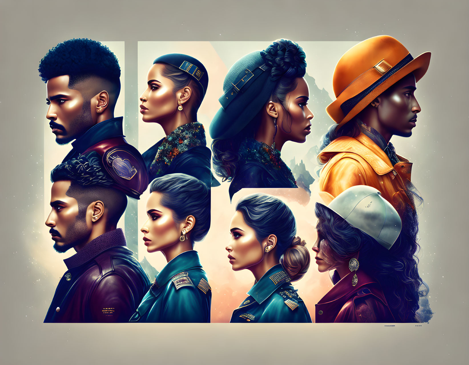 Stylized Profile Characters with Detailed Hairstyles & Hats