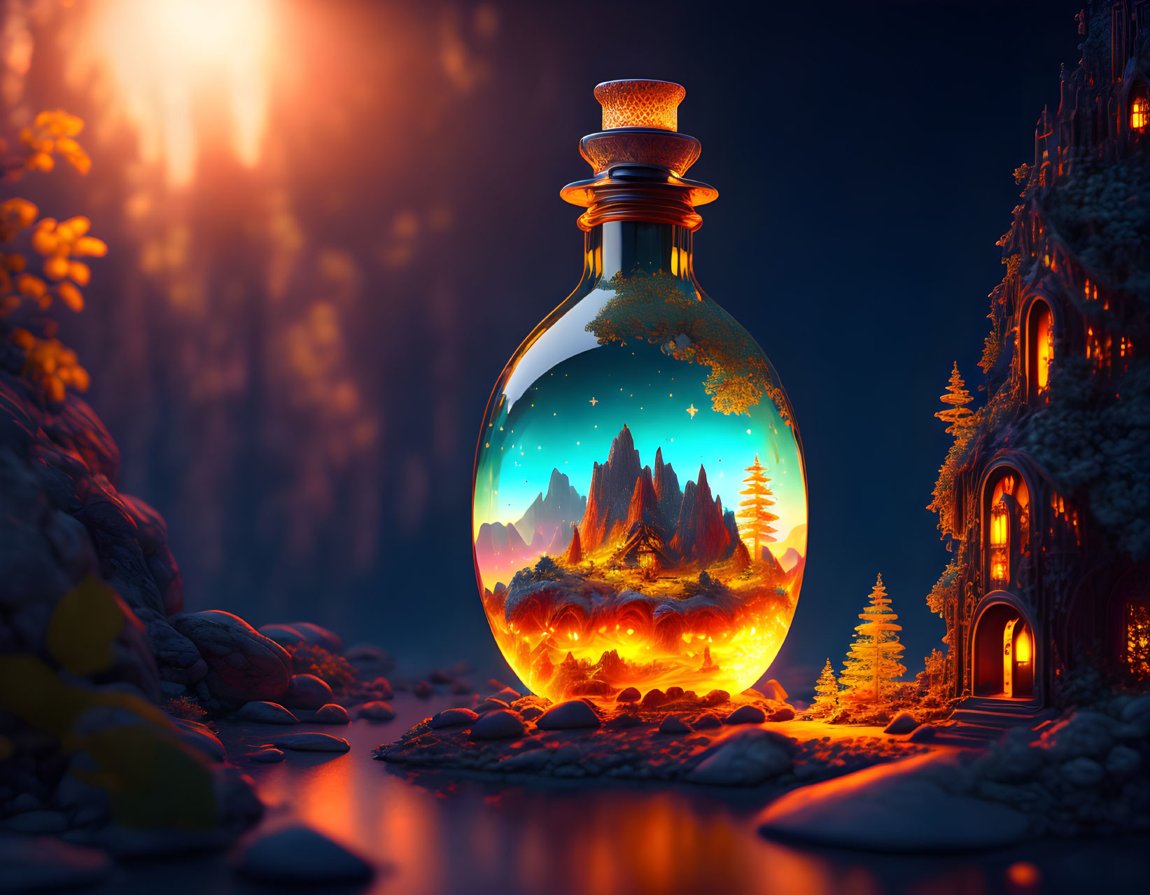 An intricate landscape trapped in a bottle, atmosp