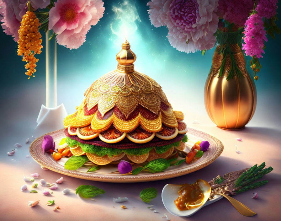 Fantastical dome-shaped dessert with magical light and floral garnishes